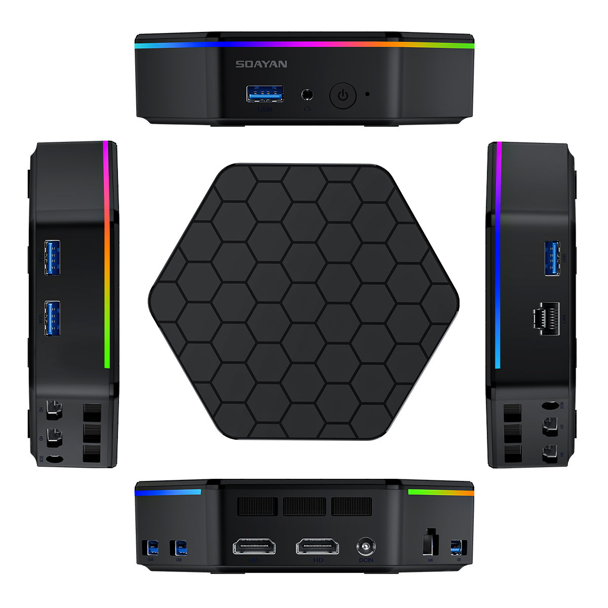 SOAYAN-N6 Mini PC, RGB Hexagon Design, Intel N150, 16GB RAM, 500GB SSD, Dual 4K, Windows 11
