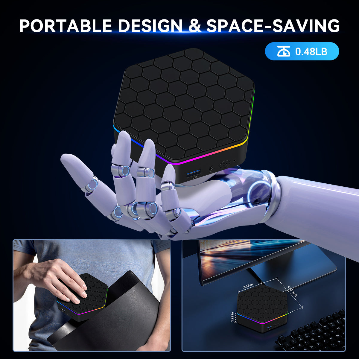 SOAYAN-N6 Mini PC, RGB Hexagon Design, Intel N150, 16GB RAM, 500GB SSD, Dual 4K, Windows 11